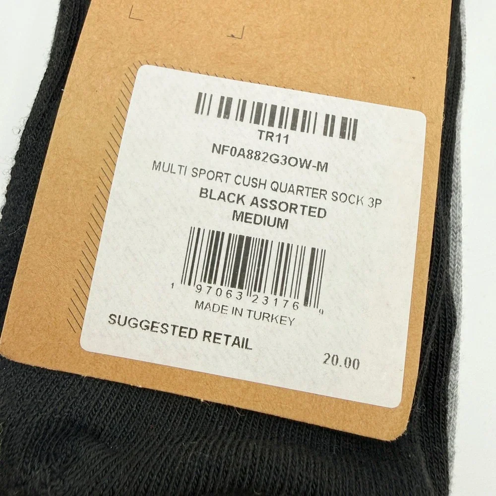 The North Face Cushion Quarter Socks / 3 PACK / Mens Size M (8.5 10) Blk Gry Wht